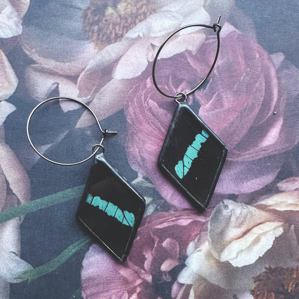 Teal Banded Swallowtail Hoop Earrings