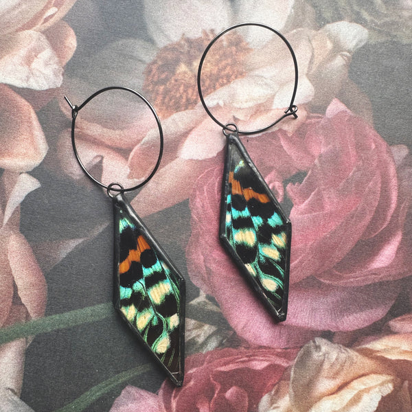 Orange and Teal Day Flying Moth Diamond Earrings