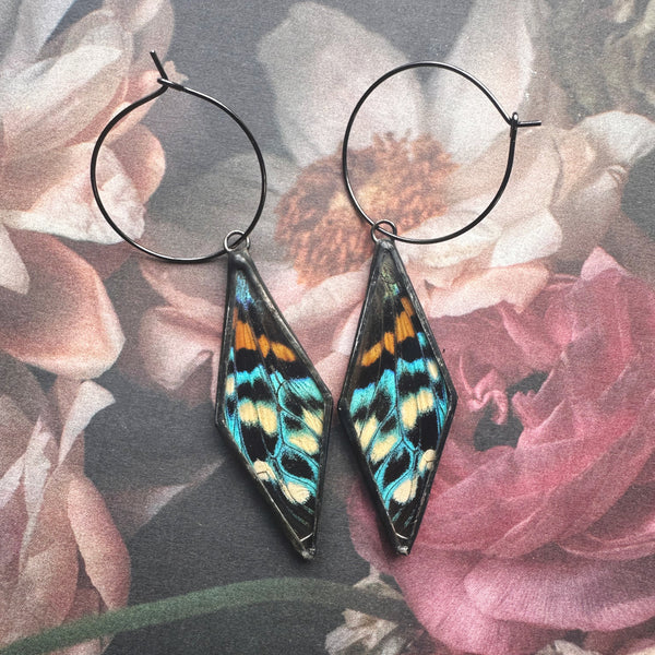 Orange and Teal Day Flying Moth Diamond Earrings