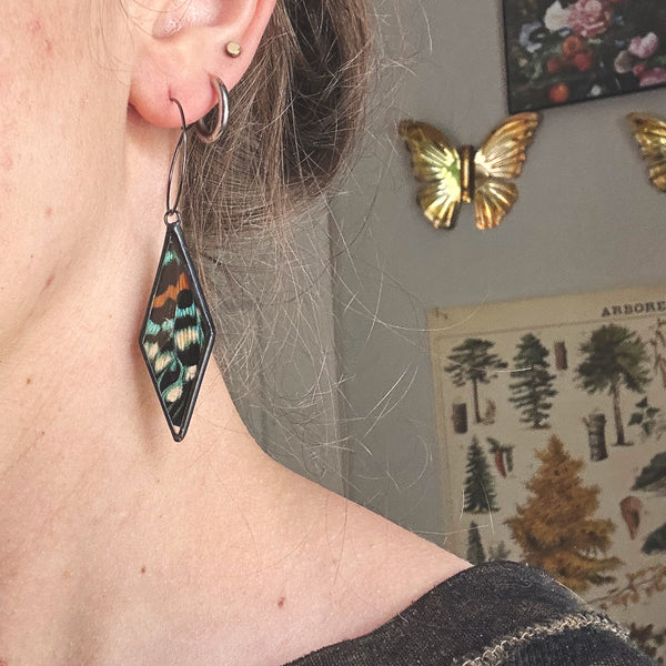 Orange and Teal Day Flying Moth Diamond Earrings