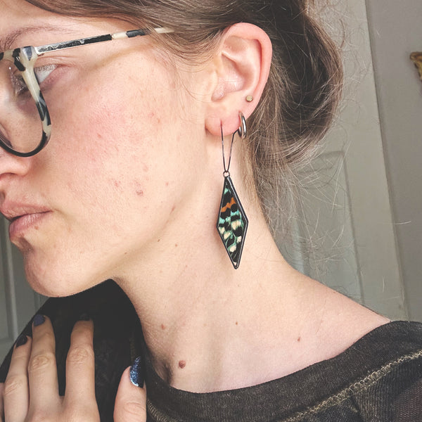 Orange and Teal Day Flying Moth Diamond Earrings