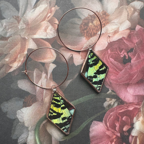 Rose Copper Green Sunset Moth Diamond Hoops