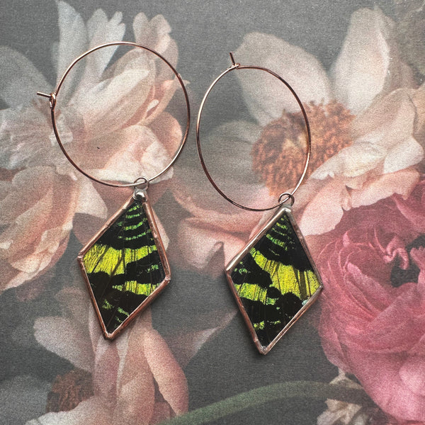 Rose Copper Green Sunset Moth Diamond Hoops