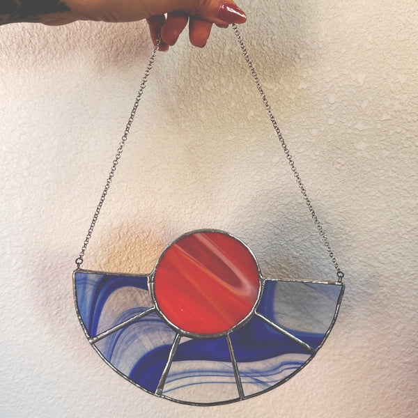 Blue Swirl Planet Sunset - Stained Glass Window Hanger