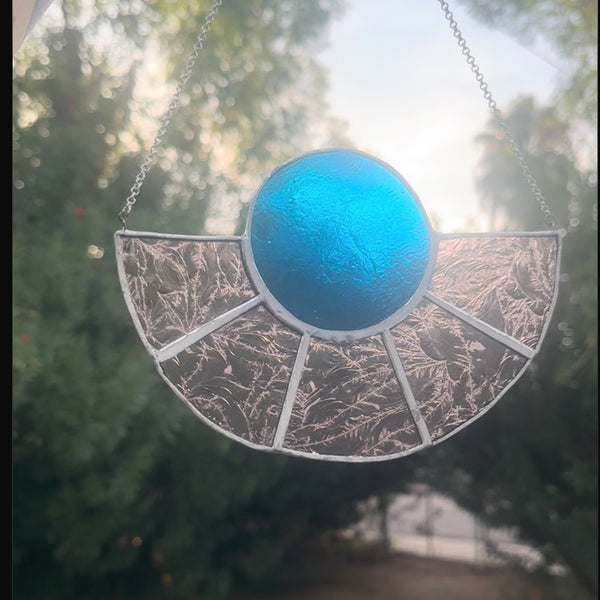 Blue + Purple Planet Sunset - Stained Glass Window Hanger