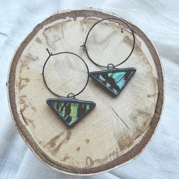 Green Sunset Moth Triangle Hoop Earrings