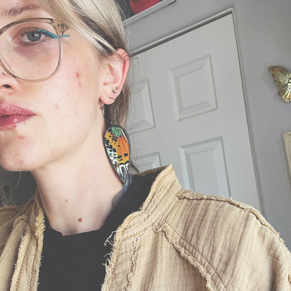 Large Teardrop Rainbow Sunset Moth Earrings